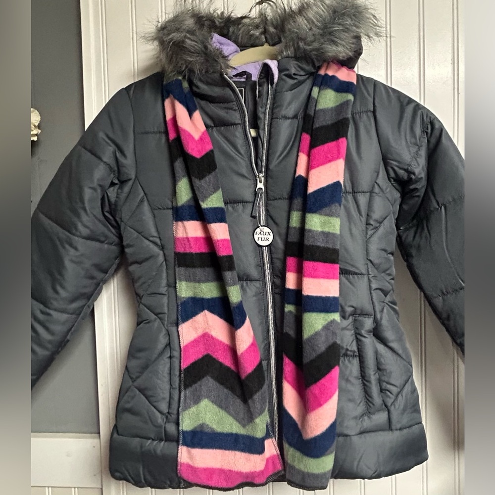 R 1881 by S Rothschild Quilted Puffer Jacket & Scarf Girls L(14) Charcoal Gray